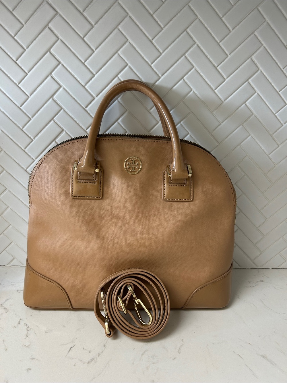 Tory Burch Camel Leather Dome Satchel with Removable Strap